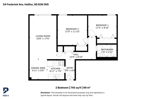 Floor plan for 2 beds, 1 bath, 745 sqft
